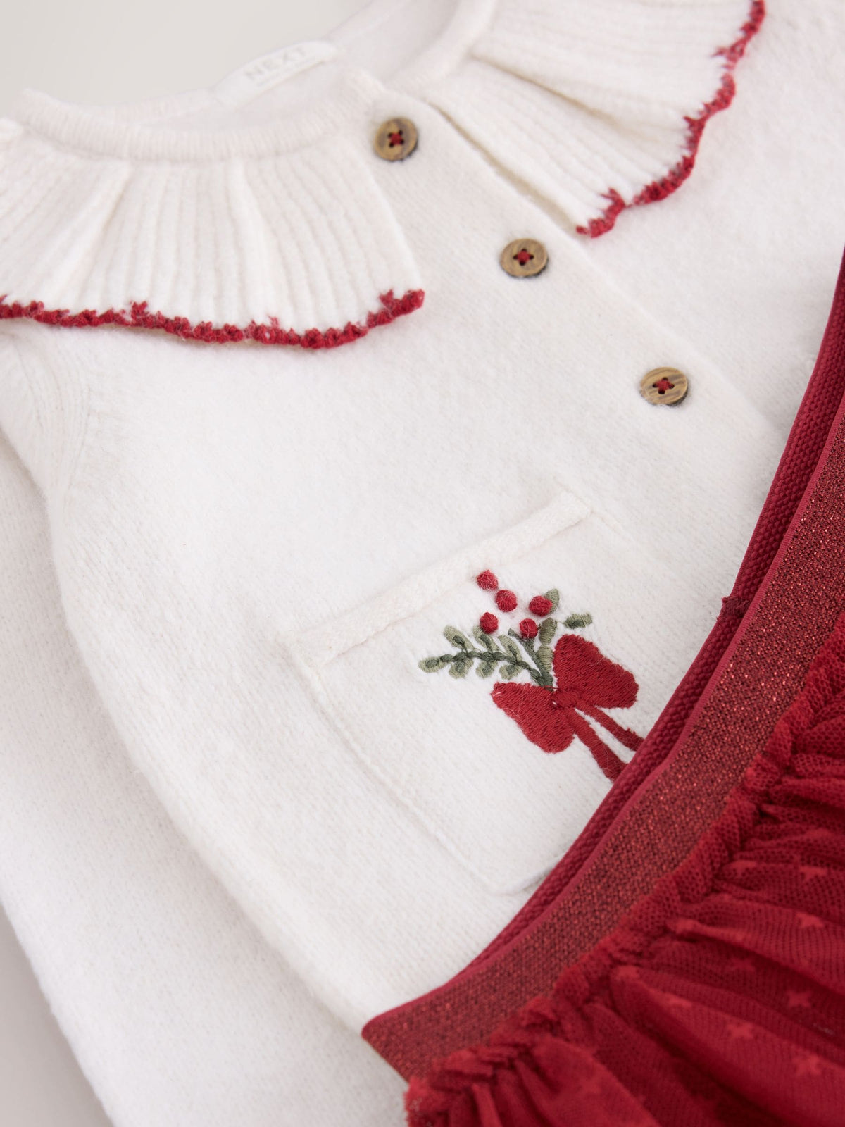 Ecru and Burgundy Red Embroidered Cardigan and Skirt Set (3mths-10yrs)