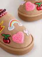 Tan Brown Badges Shoot Slippers