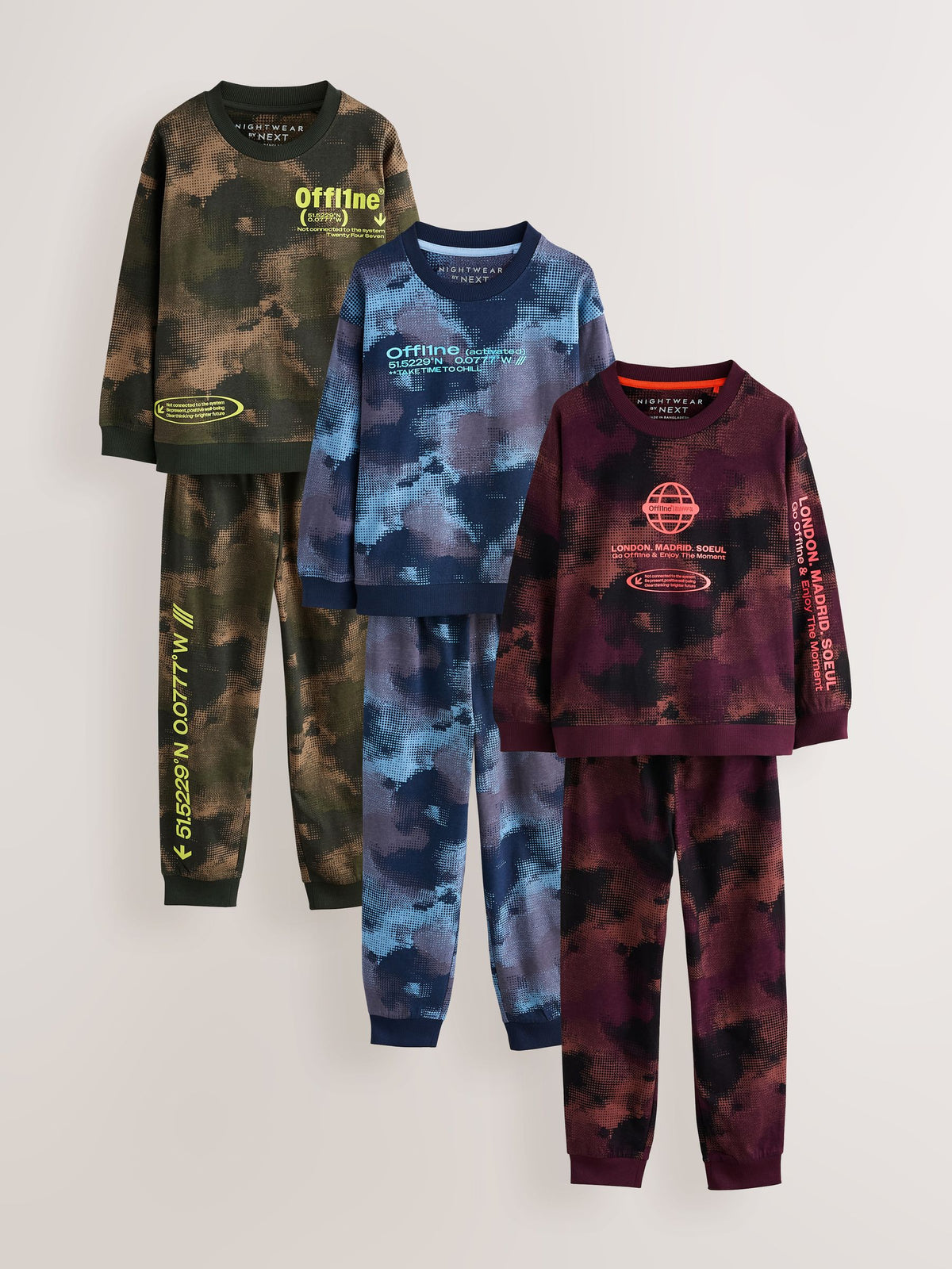 Blue/Yellow/Red Offline Long Sleeve Pyjamas 3 Pack (3-16yrs)