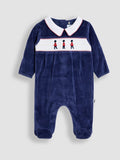 JoJo Maman Bébé Navy Soldier Smocked Velour Footed All-In-One