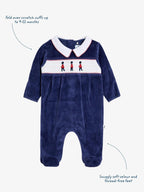 JoJo Maman Bébé Navy Soldier Smocked Velour Footed All-In-One