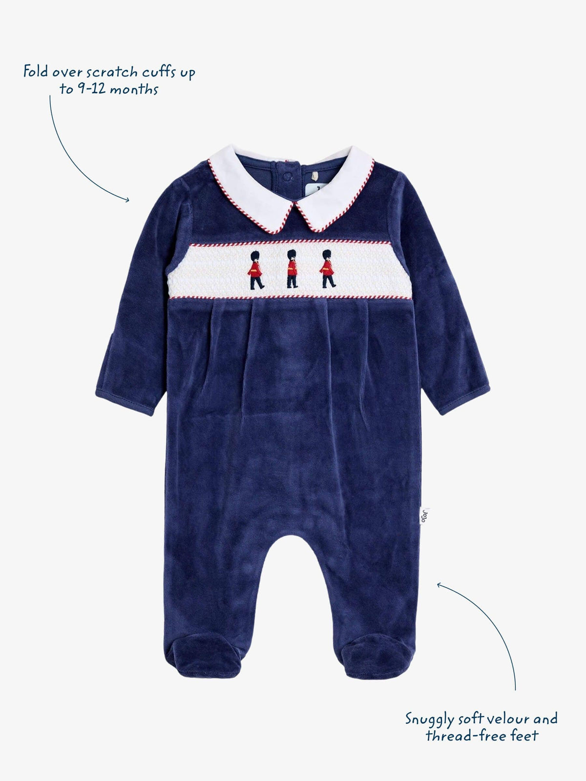 JoJo Maman Bébé Navy Soldier Smocked Velour Footed All-In-One