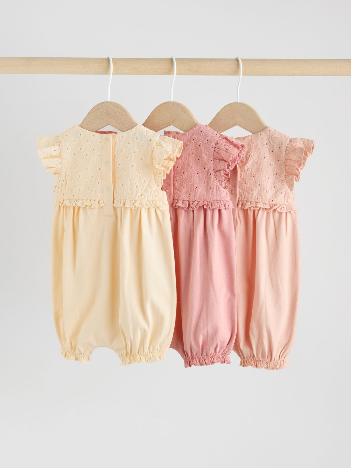 Tonal Pink Broderie 3 Pack Baby Rompers