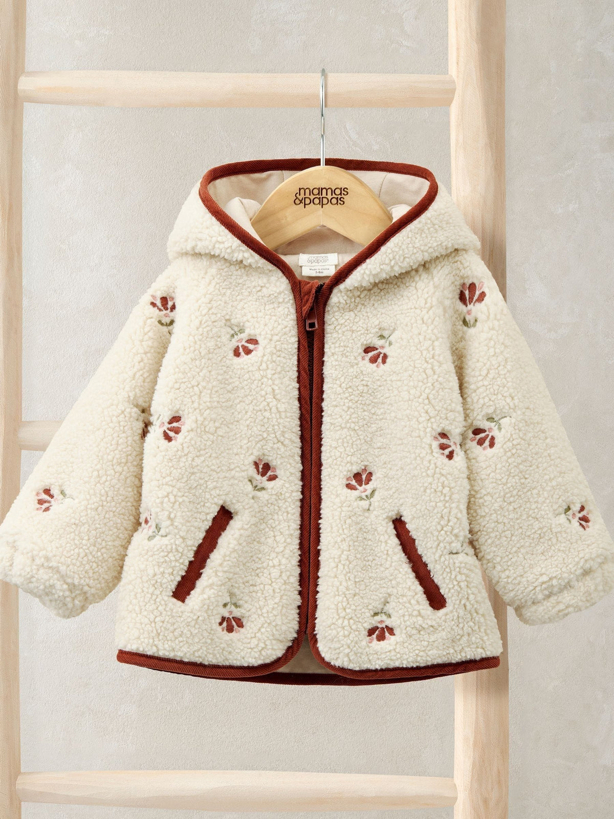 Mamas & Papas Cream Embroidered Hooded Borg Jacket