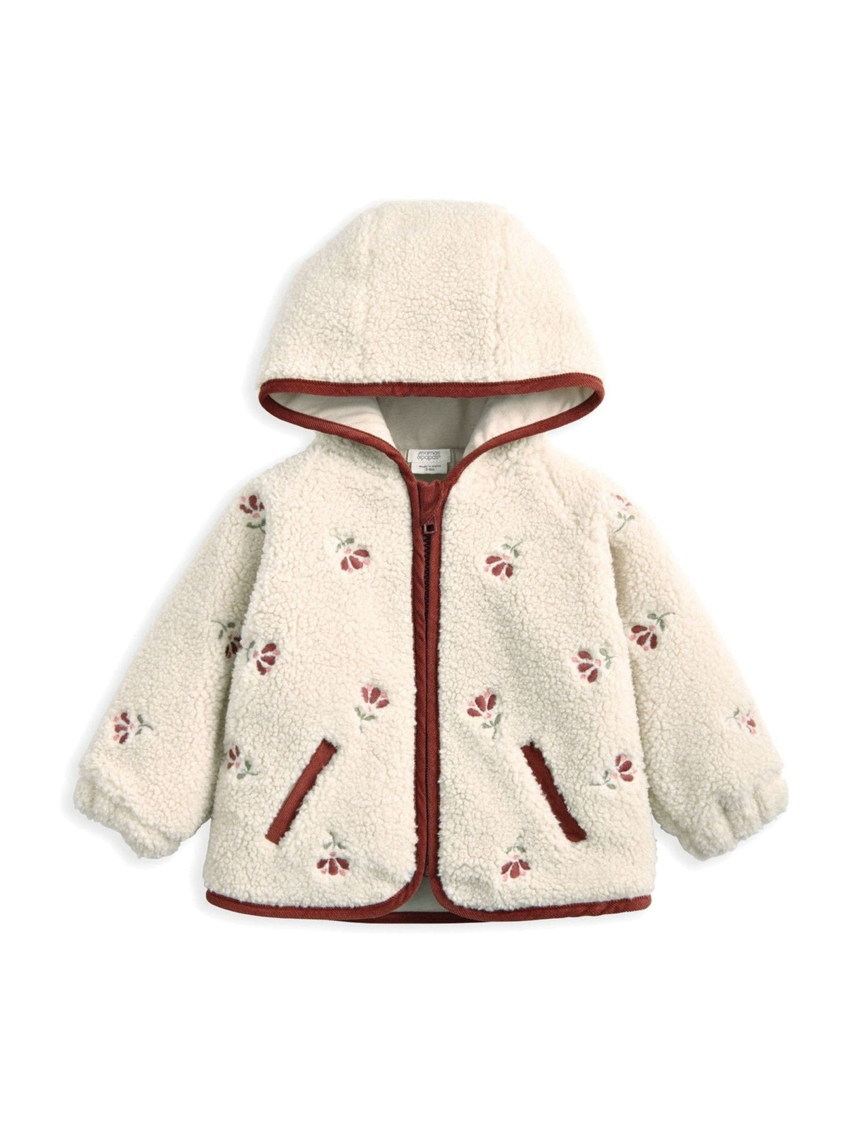 Mamas & Papas Cream Embroidered Hooded Borg Jacket
