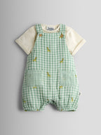 JoJo Maman Bébé Green Giraffe Checked Dungaree & Body Set