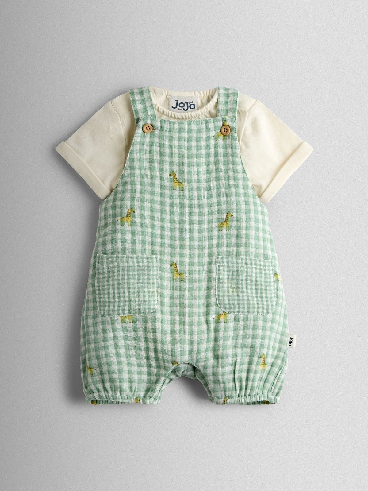 JoJo Maman Bébé Green Giraffe Checked Dungaree & Body Set
