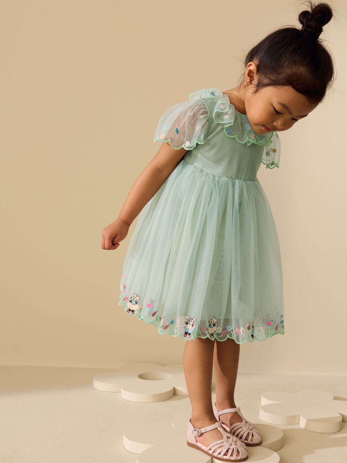 Green Embroidered Mesh Dress (3mths-7yrs)