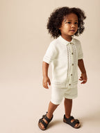 Ecru Textured Knitted Button Through Polo Shirt and Shorts Set (3mths-10yrs)