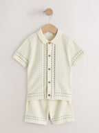 Ecru Textured Knitted Button Through Polo Shirt and Shorts Set (3mths-10yrs)
