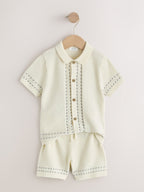 Ecru Textured Knitted Button Through Polo Shirt and Shorts Set (3mths-10yrs)