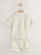Ecru Textured Knitted Button Through Polo Shirt and Shorts Set (3mths-10yrs)