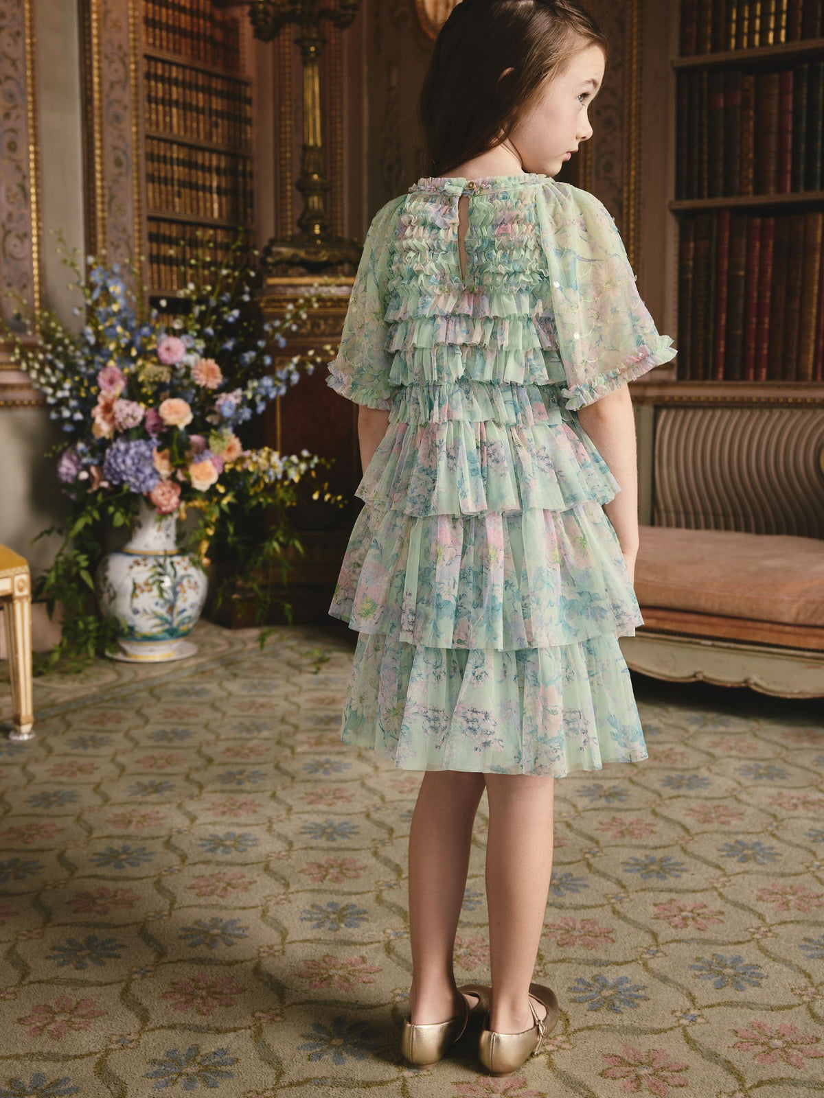 Mint Green Floral Sequin Ruffle Mesh Occasion Dress (3-16yrs)