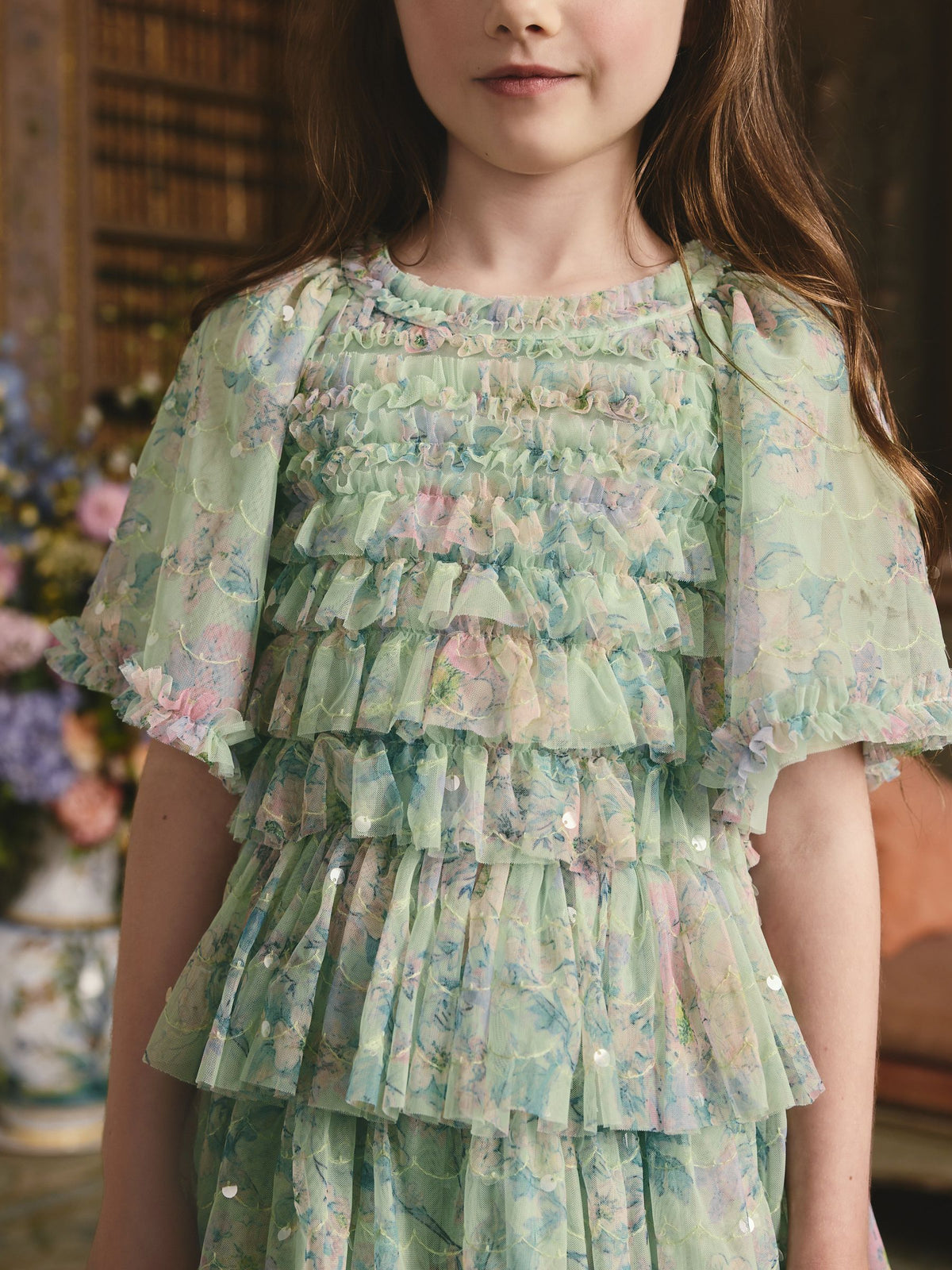 Mint Green Floral Sequin Ruffle Mesh Occasion Dress (3-16yrs)