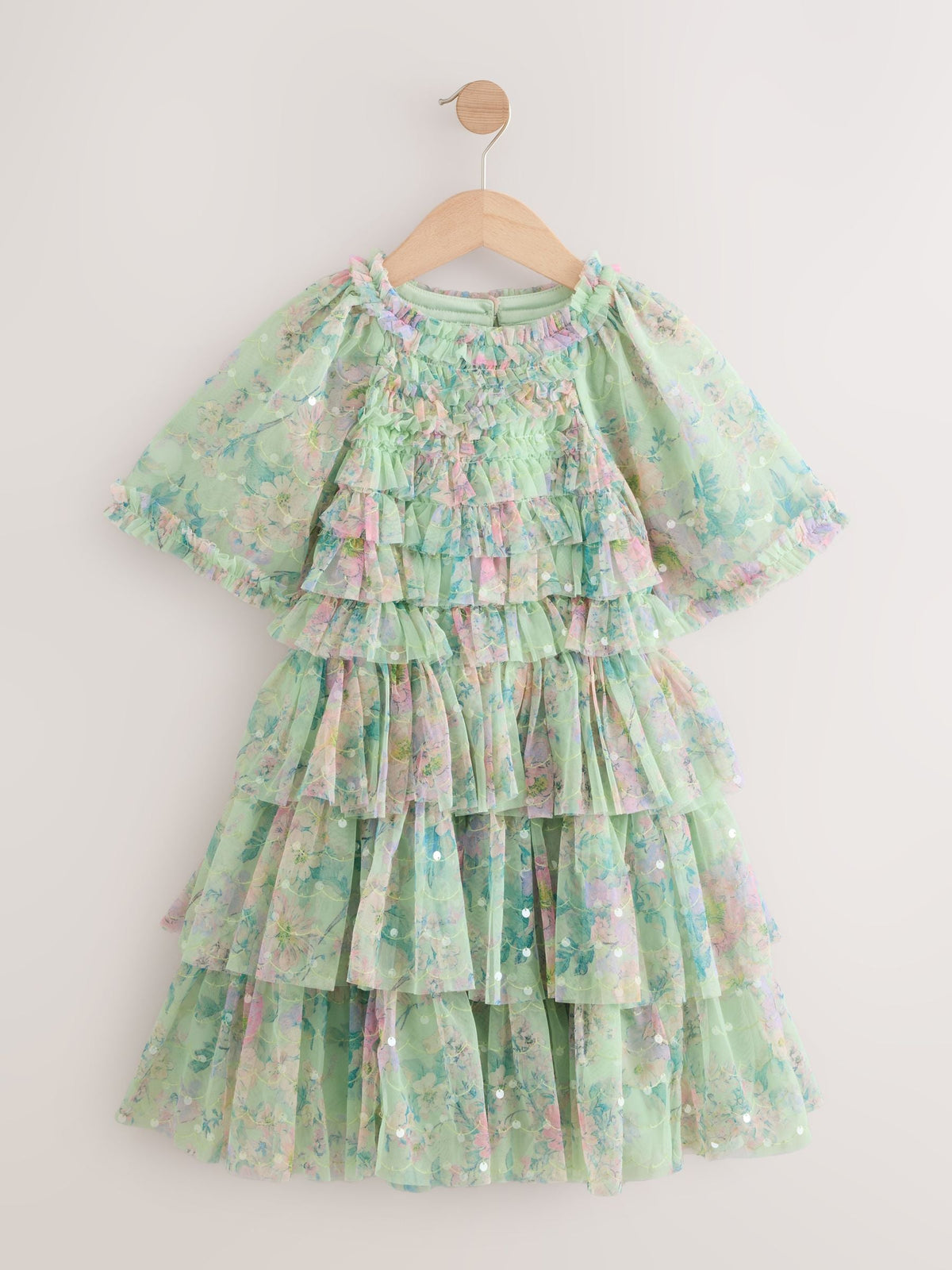 Mint Green Floral Sequin Ruffle Mesh Occasion Dress (3-16yrs)