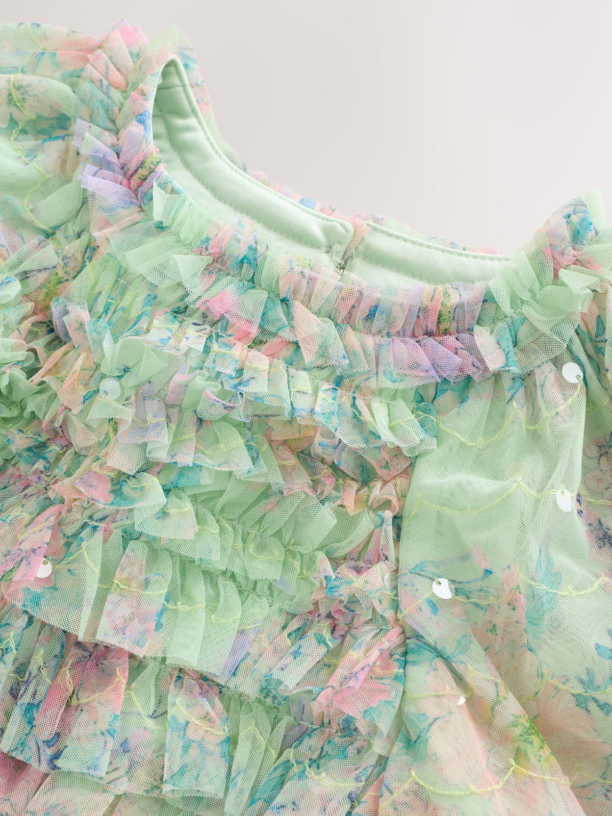Mint Green Floral Sequin Ruffle Mesh Occasion Dress (3-16yrs)
