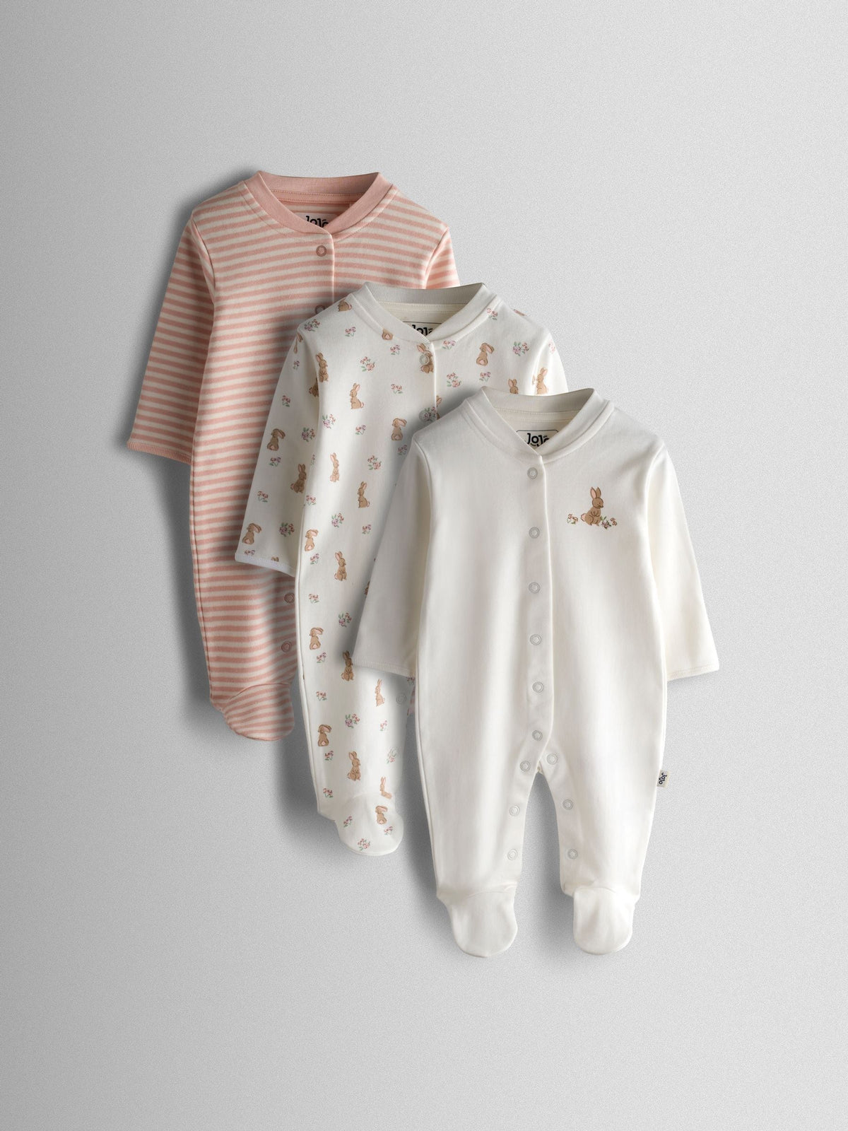 JoJo Maman Bébé Pink Bunny Cotton Footed 3 Pack Sleepsuit