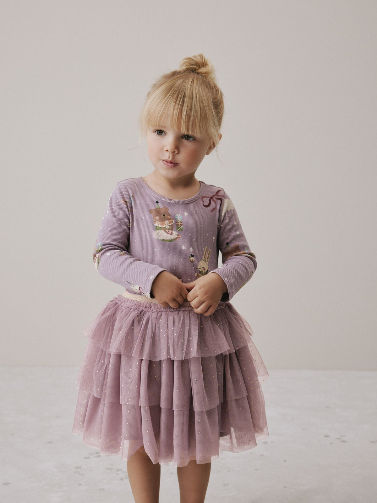 Lilac Purple Bear Long Sleeve Ribbed Mesh Dress (3mths-7yrs)
