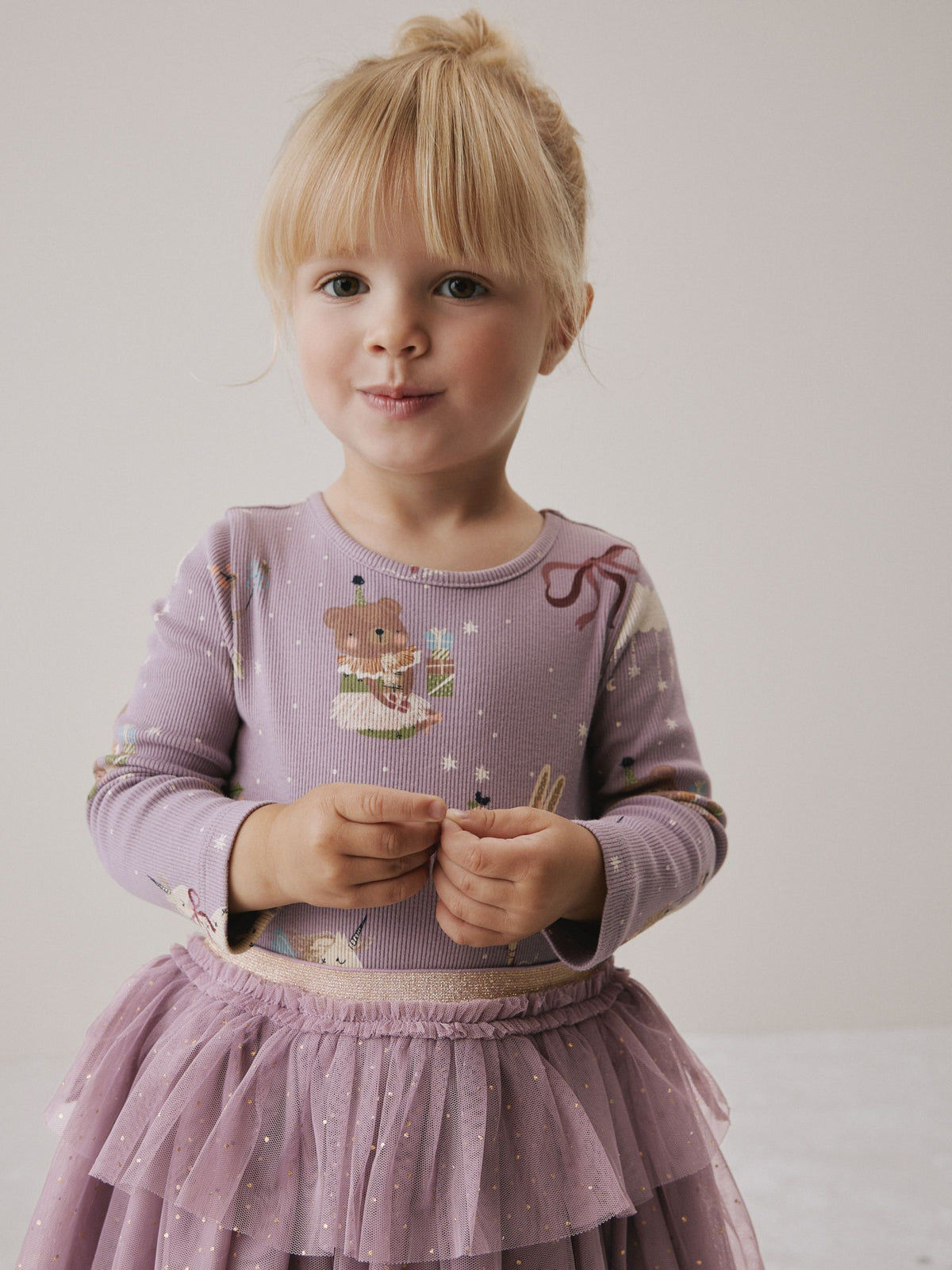 Lilac Purple Bear Long Sleeve Ribbed Mesh Dress (3mths-7yrs)