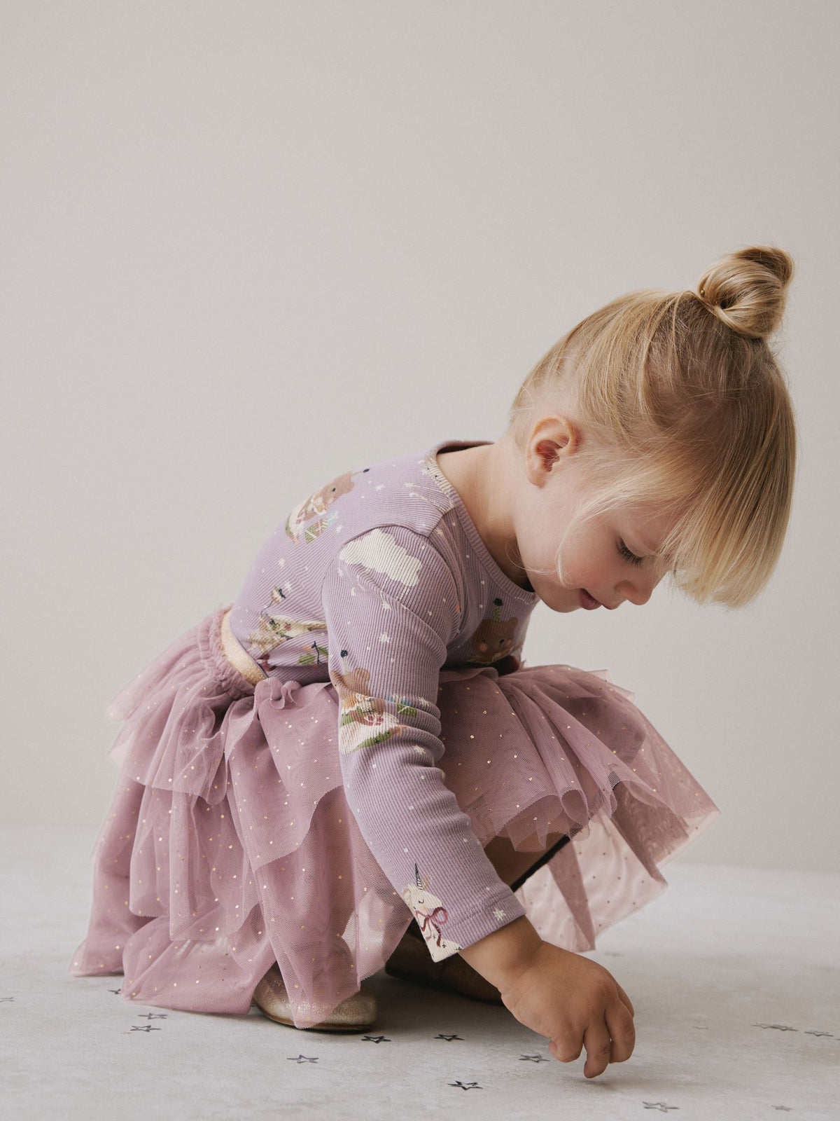 Lilac Purple Bear Long Sleeve Ribbed Mesh Dress (3mths-7yrs)