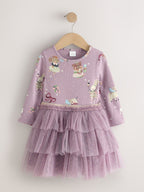 Lilac Purple Bear Long Sleeve Ribbed Mesh Dress (3mths-7yrs)