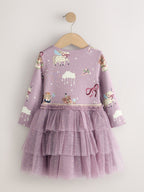 Lilac Purple Bear Long Sleeve Ribbed Mesh Dress (3mths-7yrs)