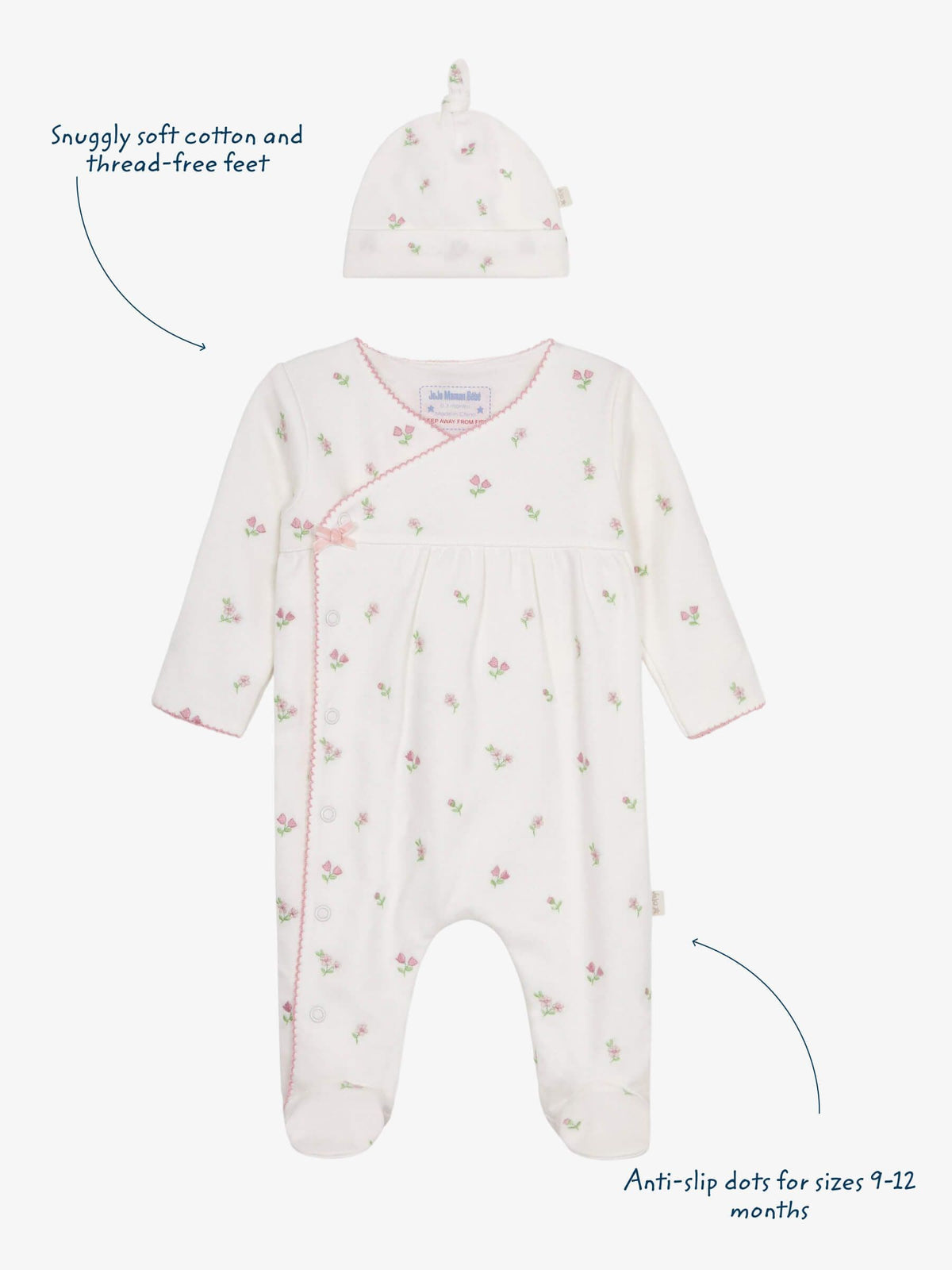 JoJo Maman Bébé Cream Floral Embroidered Pretty Sleepsuit & Hat