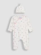 JoJo Maman Bébé Cream Floral Embroidered Pretty Sleepsuit & Hat