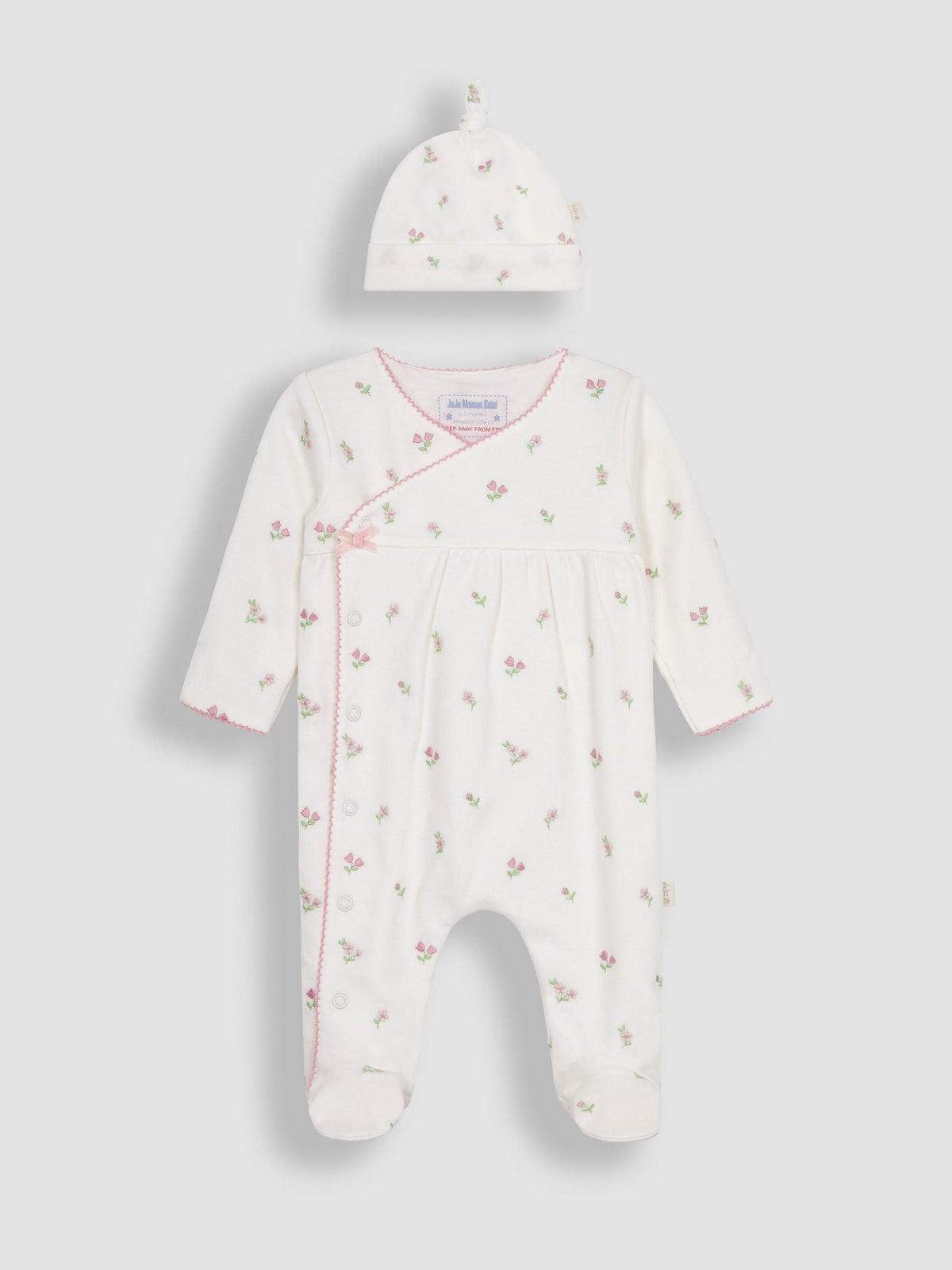 JoJo Maman Bébé Cream Floral Embroidered Pretty Sleepsuit & Hat