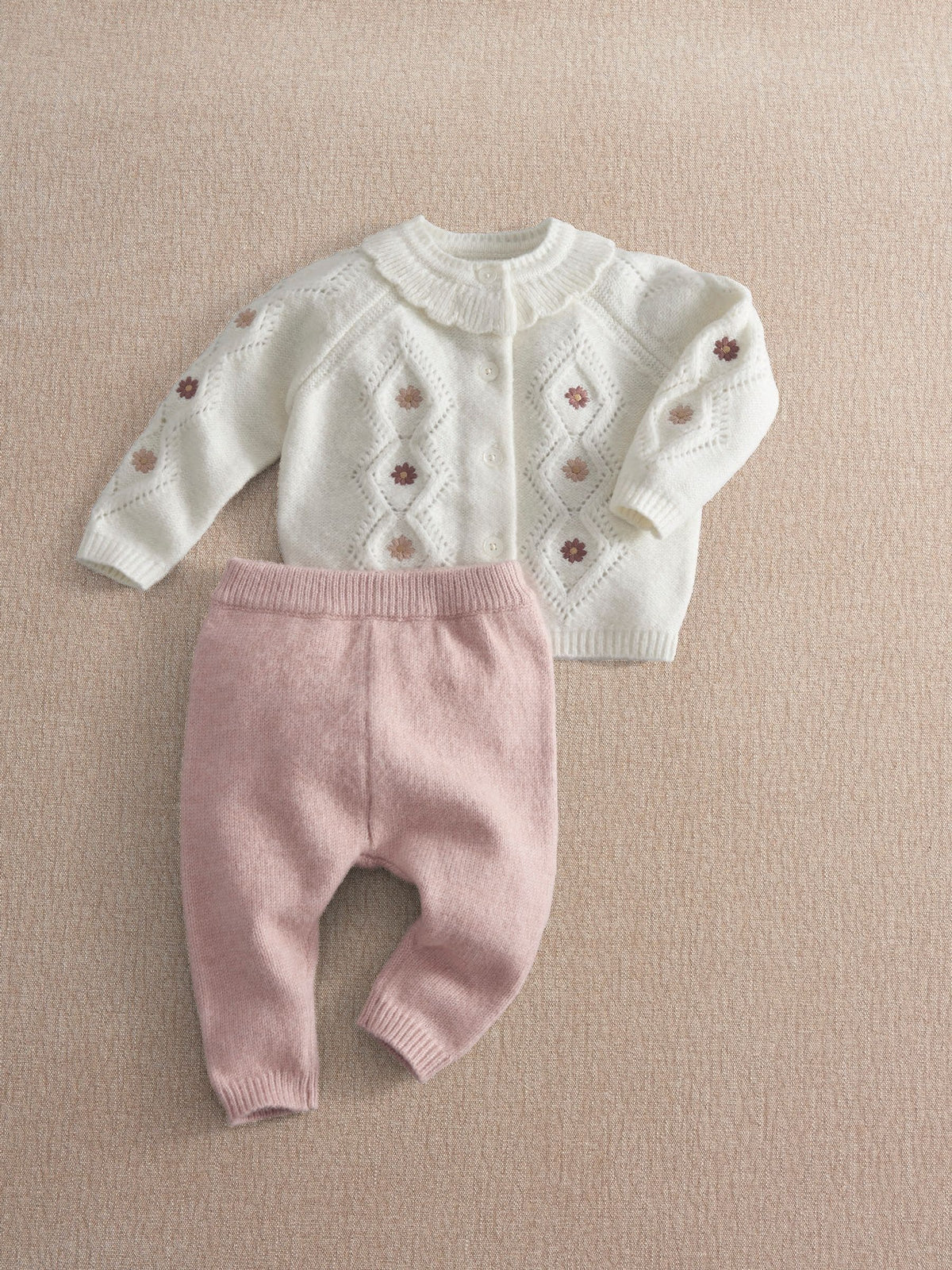 Mamas & Papas Pink Embroidered Knitted Cardigan & Leggings Set