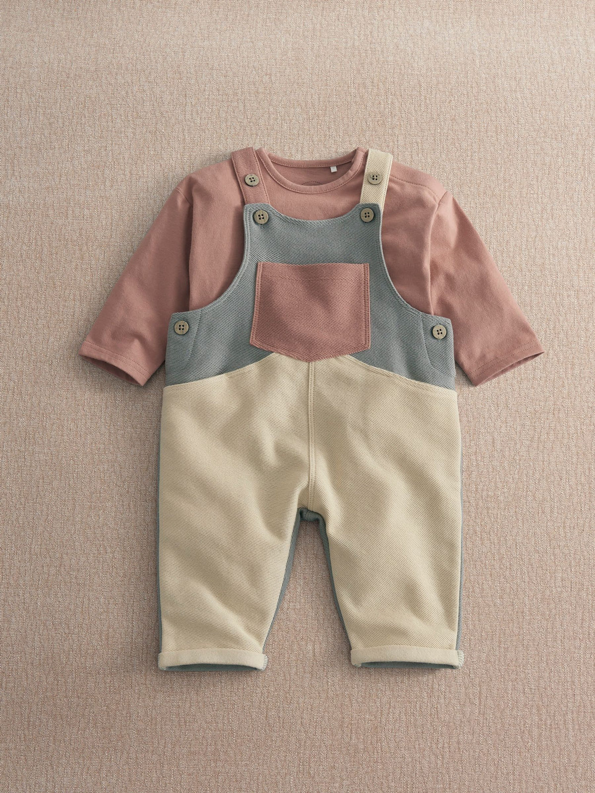 Mamas & Papas Pink Colour Block Dungarees & Long Sleeve Top Set