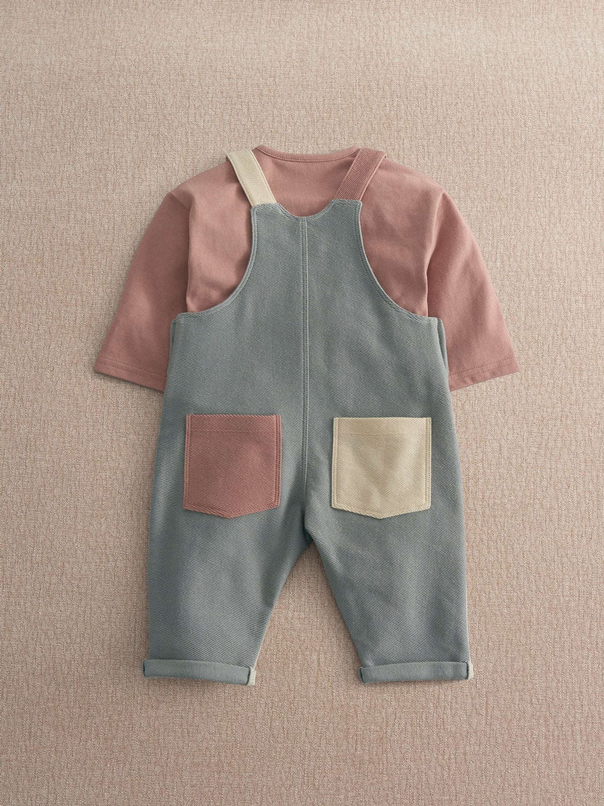 Mamas & Papas Pink Colour Block Dungarees & Long Sleeve Top Set