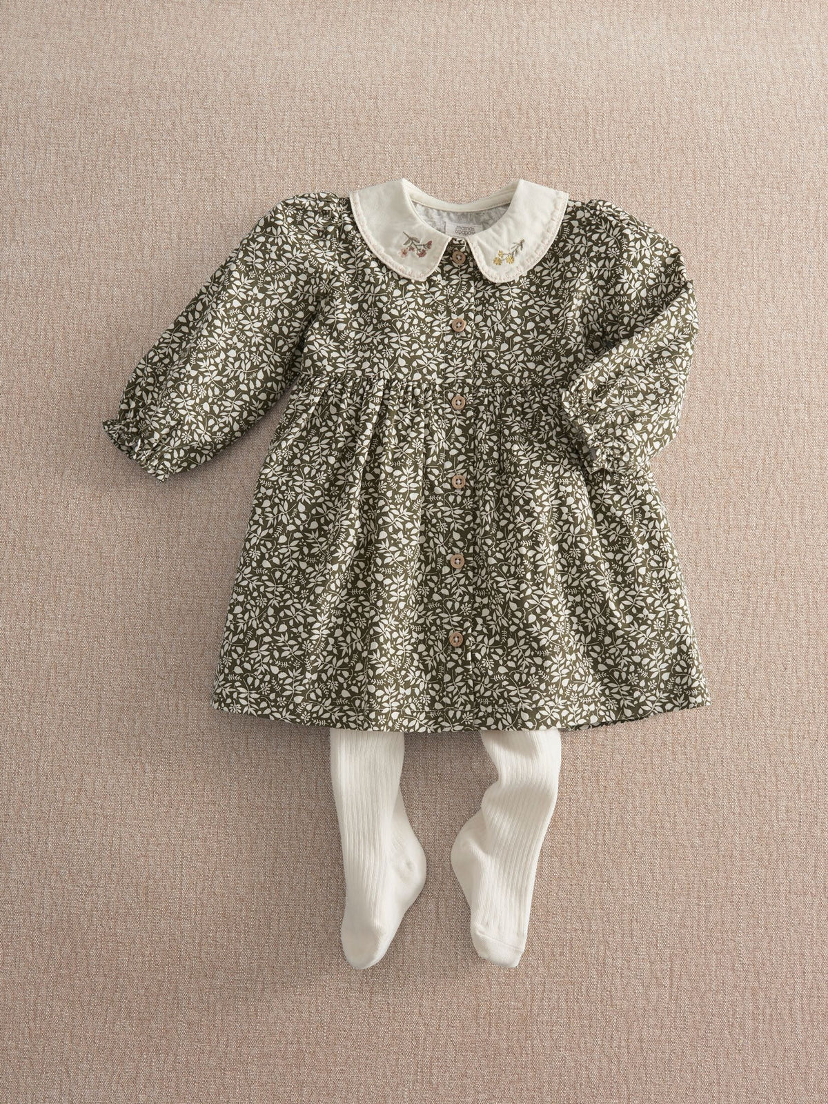 Mamas & Papas Green Leaf Print Dress & Tights Set
