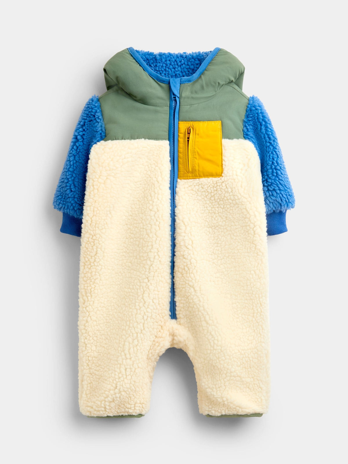 JoJo Maman Bébé Green Blue & Cream Colour Block All-In-One Borg Fleece