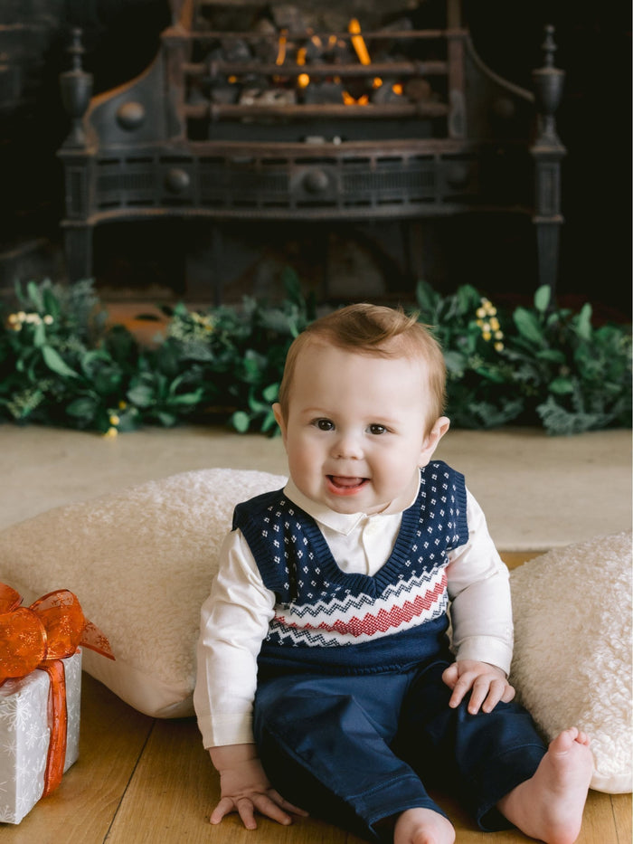 Emile Et Rose Blue Kendrick 3 Piece Shirt Fairisle Tank Top & Trousers Set