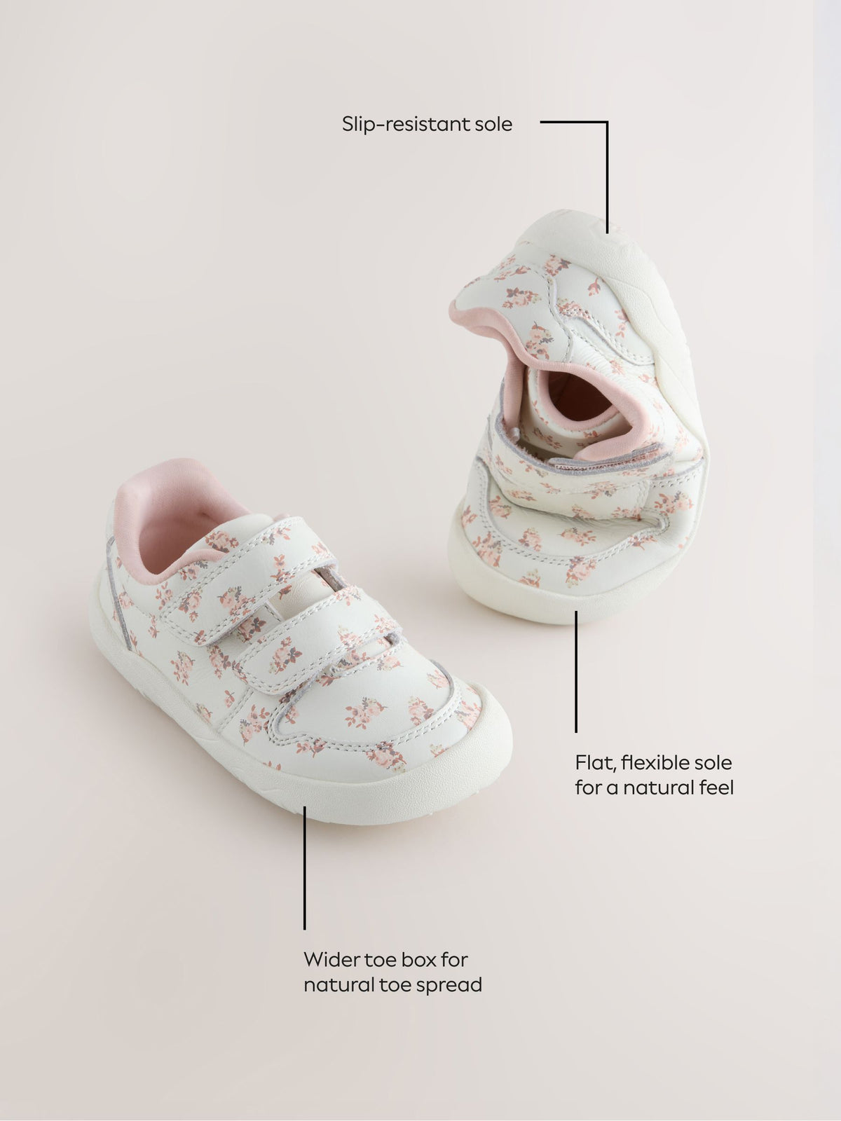 White Floral Barefoot Leather Touch Fastening Trainers
