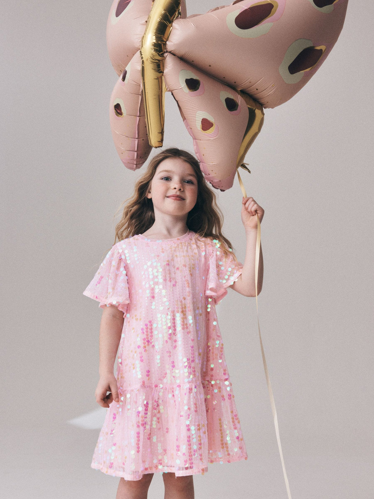 Pink Angel Sleeve Sequin Peplum Party Dress (3-16yrs)