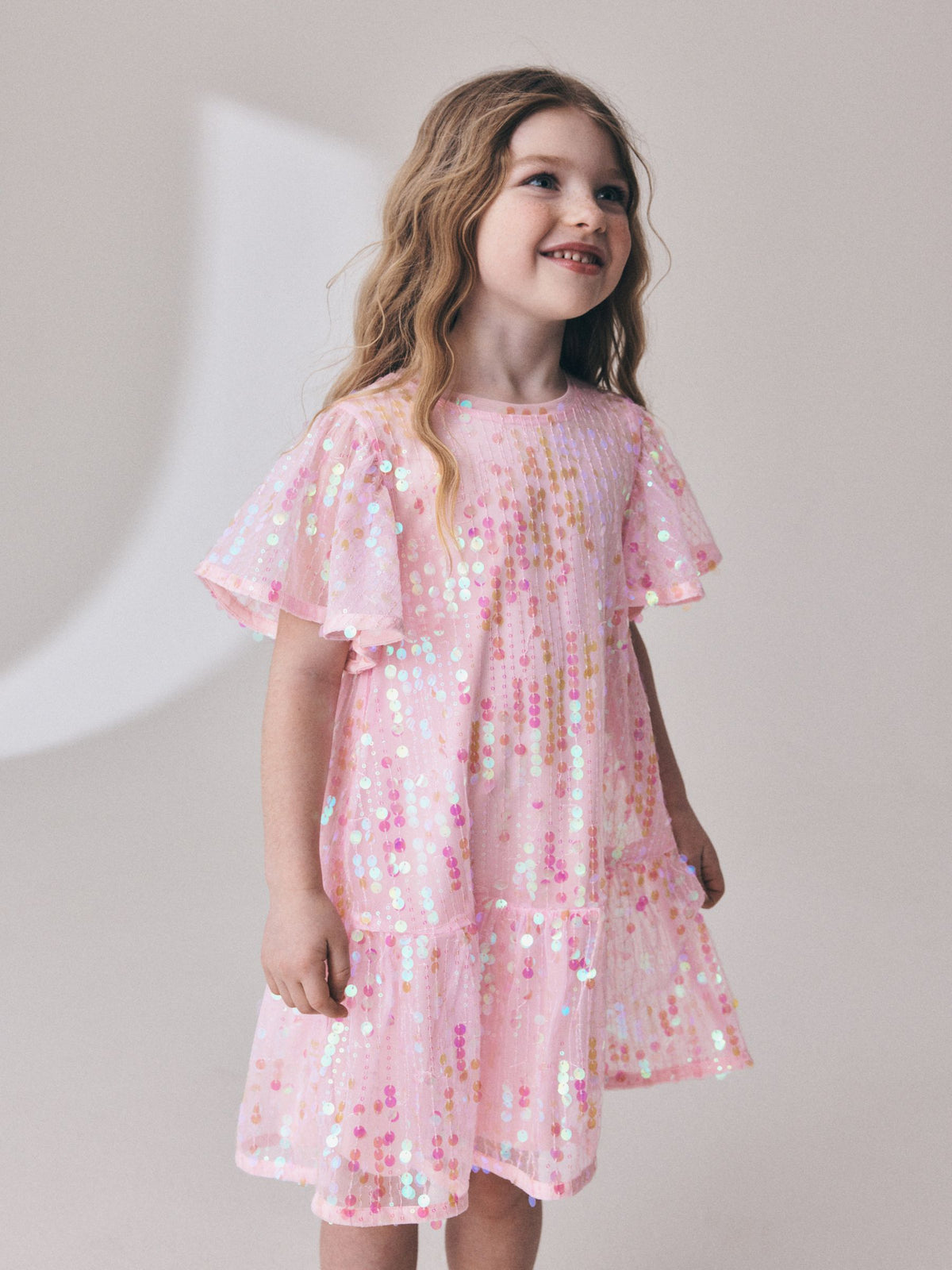 Pink Angel Sleeve Sequin Peplum Party Dress (3-16yrs)