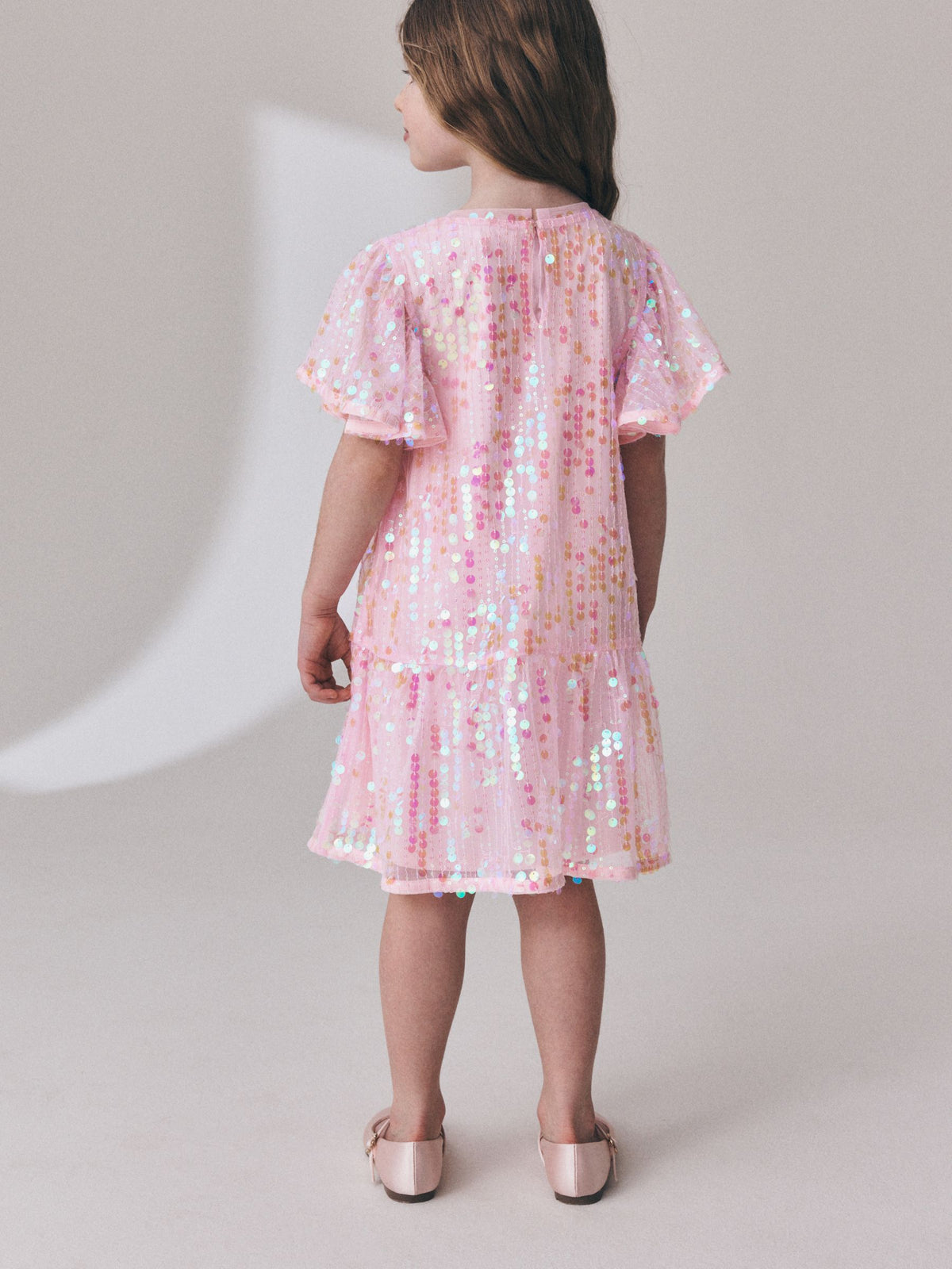 Pink Angel Sleeve Sequin Peplum Party Dress (3-16yrs)