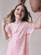 Pink Angel Sleeve Sequin Peplum Party Dress (3-16yrs)