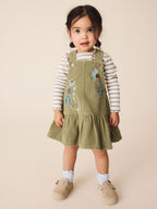 Olive Green Long Sleeve Top and Cord Dungaree Dress Set (3mths-8yrs)