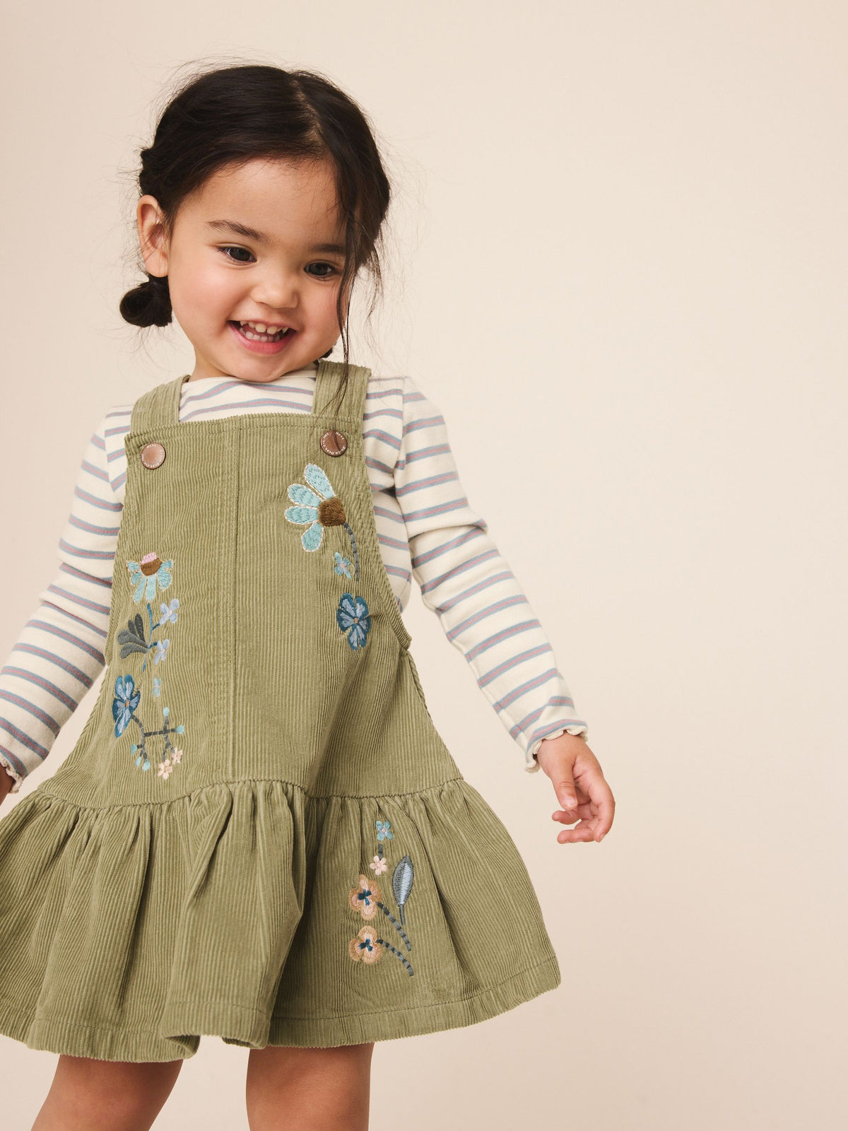 Olive Green Long Sleeve Top and Cord Dungaree Dress Set (3mths-8yrs)