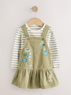 Olive Green Long Sleeve Top and Cord Dungaree Dress Set (3mths-8yrs)