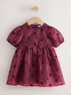 Burgundy Red Puff Sleeve Bow Detail Occasion Dress (3mths-8yrs)