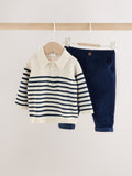 Blue/Cream Stripe Baby Collared Knitted Top and Trousers Set (0mths-2yrs)