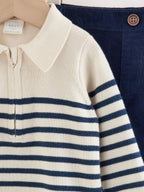 Blue/Cream Stripe Baby Collared Knitted Top and Trousers Set (0mths-2yrs)