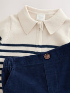 Blue/Cream Stripe Baby Collared Knitted Top and Trousers Set (0mths-2yrs)
