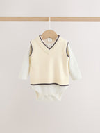 Charcoal Grey/Cream Baby Knit Vest, Bodysuit and Trousers Set (0mths-3yrs)