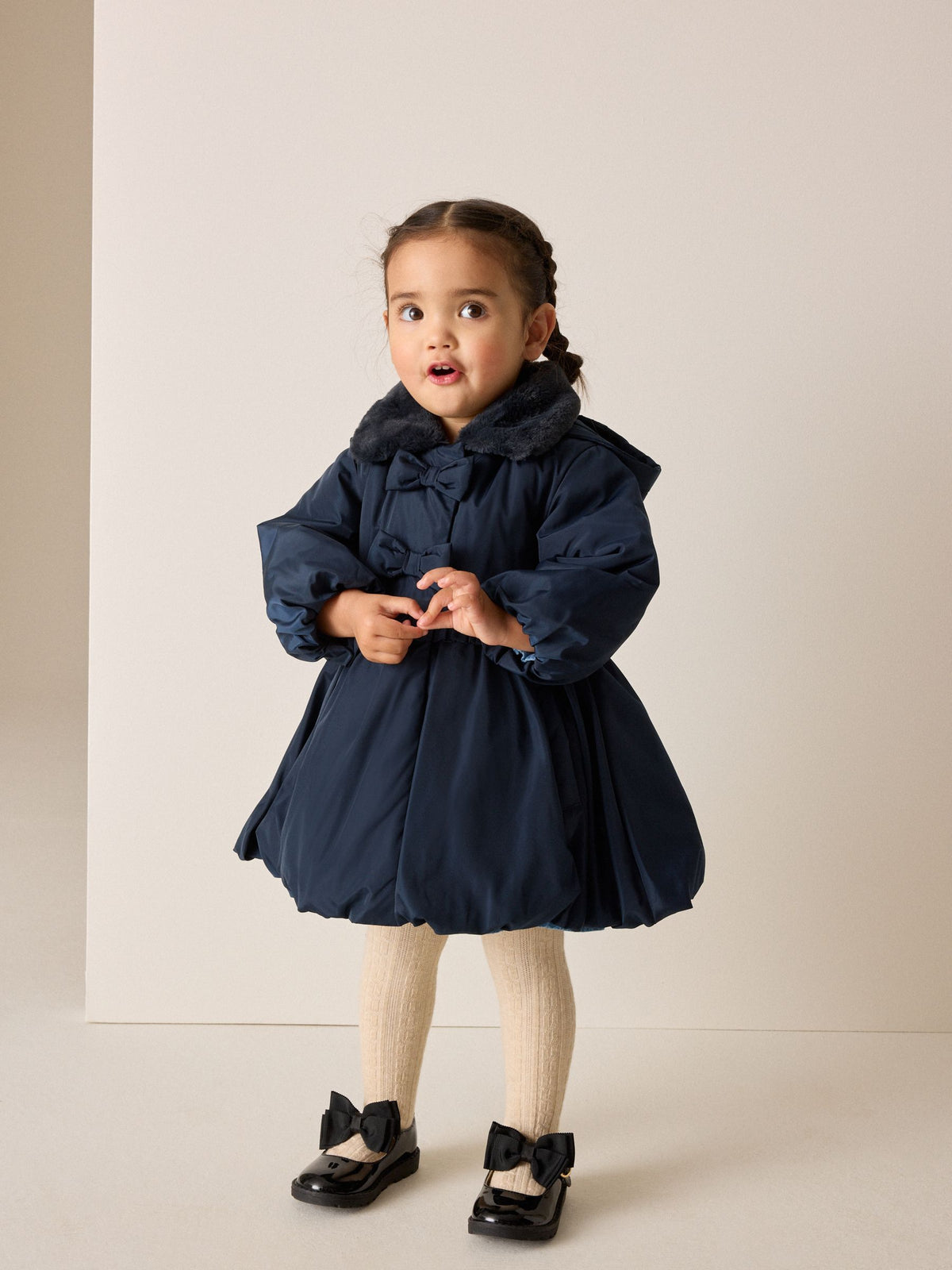 Navy Blue Shower Resistant Faux Fur Collar Padded Coat (3mths-7yrs)