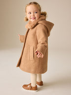 Camel Brown Faux Fur Collar Hooded Coat (3mths-7yrs)